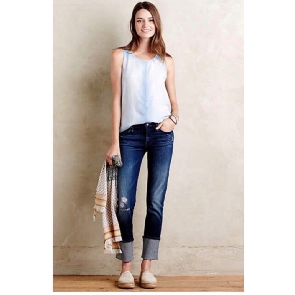 MOTHER Jeans THE PONYBOY Echoes Blue Straight Stretch Distressed Wide Cuff Sz 25 - Picture 3 of 10